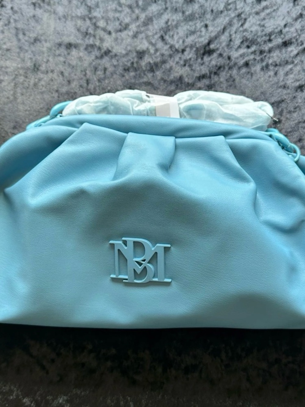 Badgley Mischka Vegan Leather Powder Blue Gathered Clutch with Logo